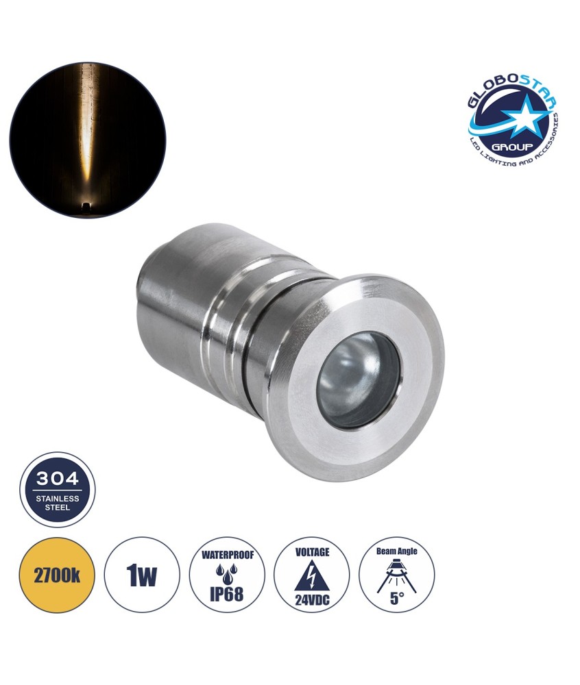 GLOBOSTAR® UNDERWATERDANI 90410 Υποβρύχιο Χωνευτό Σποτ για Σιντριβάνια-Πισίνες LED 1W 90lm 5° DC 24V Αδιάβροχο IP68 Θερμό Λευκό 2700K Dimmable - Bridgelux SMD Chip - Ανοξείδωτο Ατσάλι 304 - Μ3 x Π3 x Υ5cm - Q2.5cm - 3 Χρόνια Εγγύηση